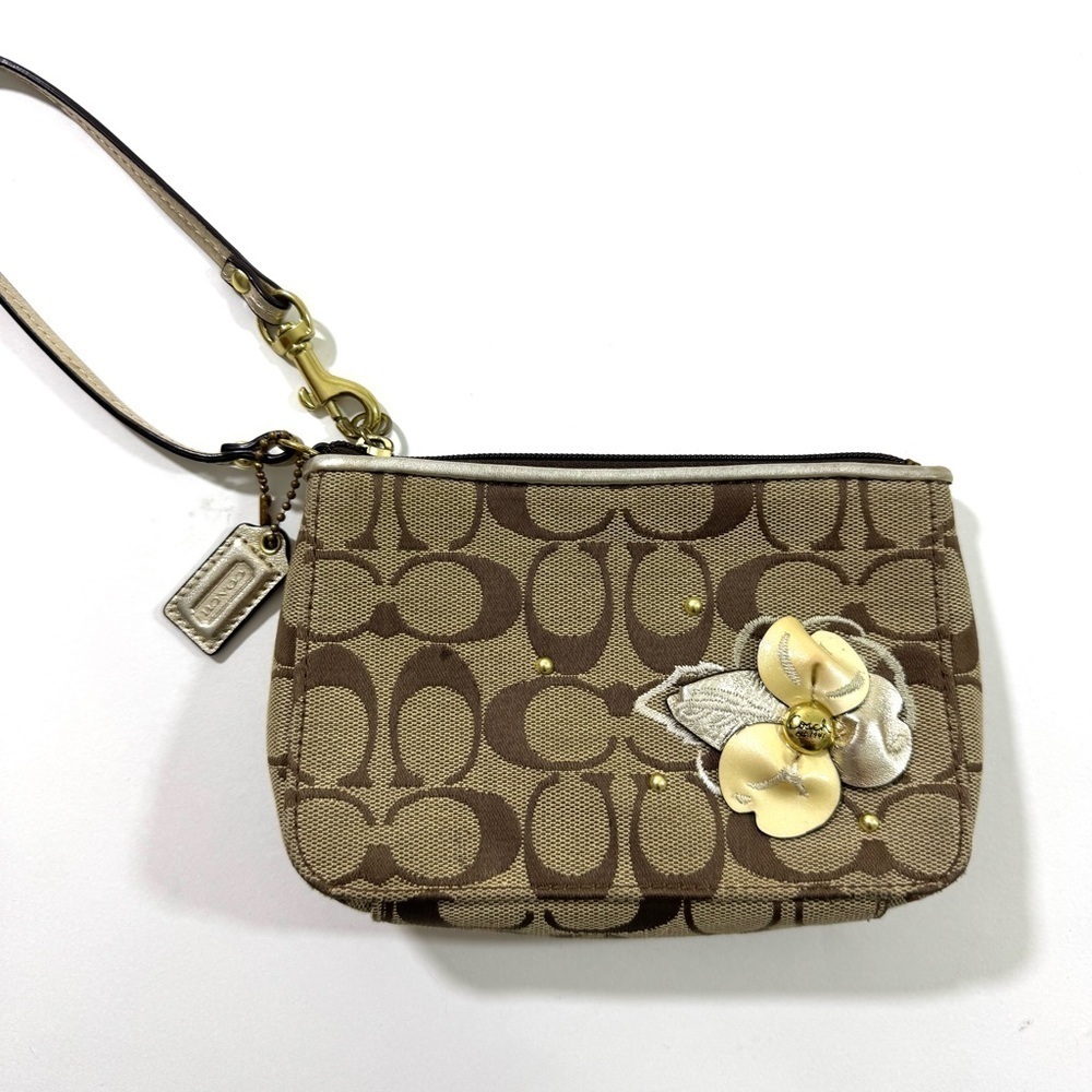 Coach Signature Khaki Canvas Wristlet Floral Design Brown
